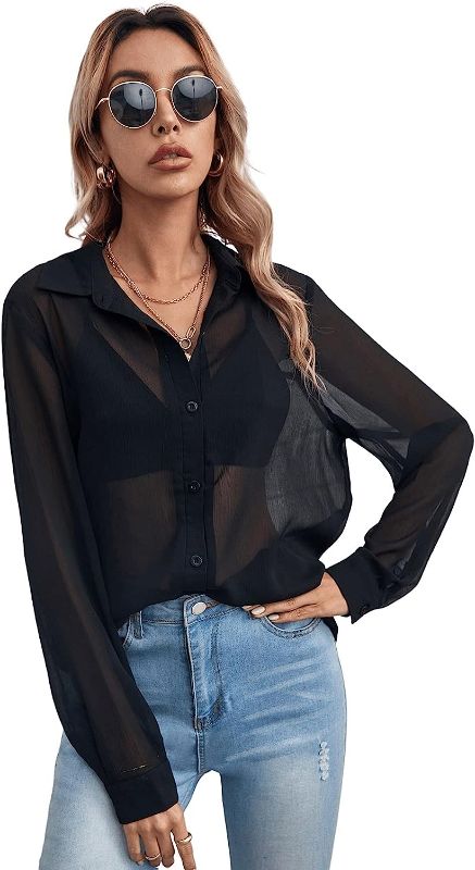 Photo 1 of Florens women's button front long sleeve t shirt sheer blouse in carbon black size m
