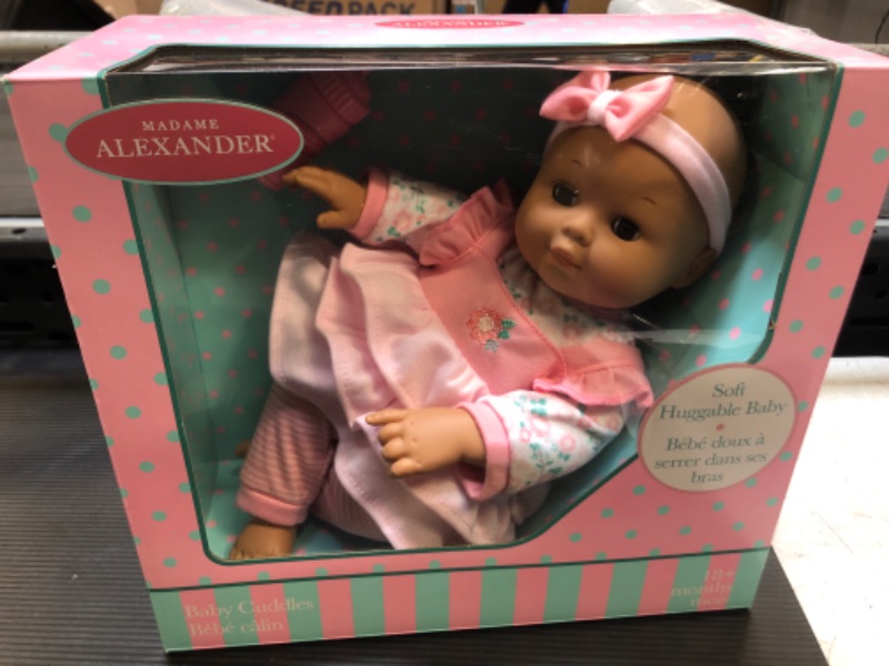 Photo 2 of Madame Alexander 14" Baby Cuddles Pink Floral Doll, Medium Skin Tone, Bottle Included