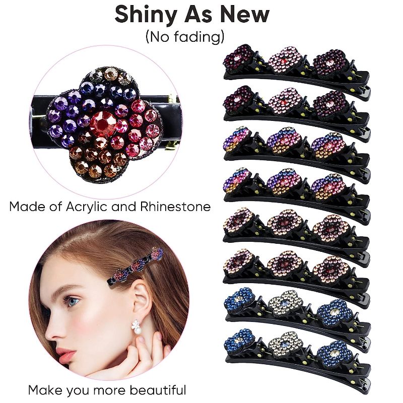 Photo 1 of 3pack ----Sparkling crystal stone braided hair clips For Women 8 Piece, Four-Leaf Clover Braided Hair Clips, Flower Hair Clip Set with Rhinestones for Thin and Thick Hair, Sparkling Duckbill Hairpin for Girls and Adults
