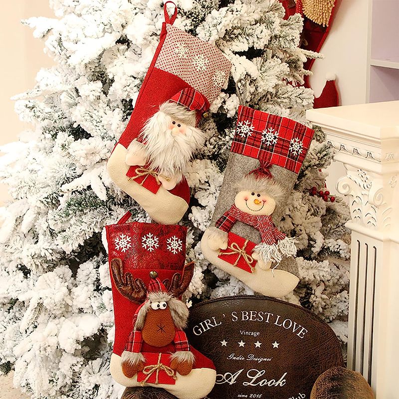 Photo 4 of 3pcs --HDO Large Christmas Stockings, 3 Pack 17" Christmas Stocking with 3D Santa Snowman Reindeer Dolls, Classic Red Xmas Ornament for Family and Kids, Fireplace Christmas Tree Decoration-------Factory sealed  
