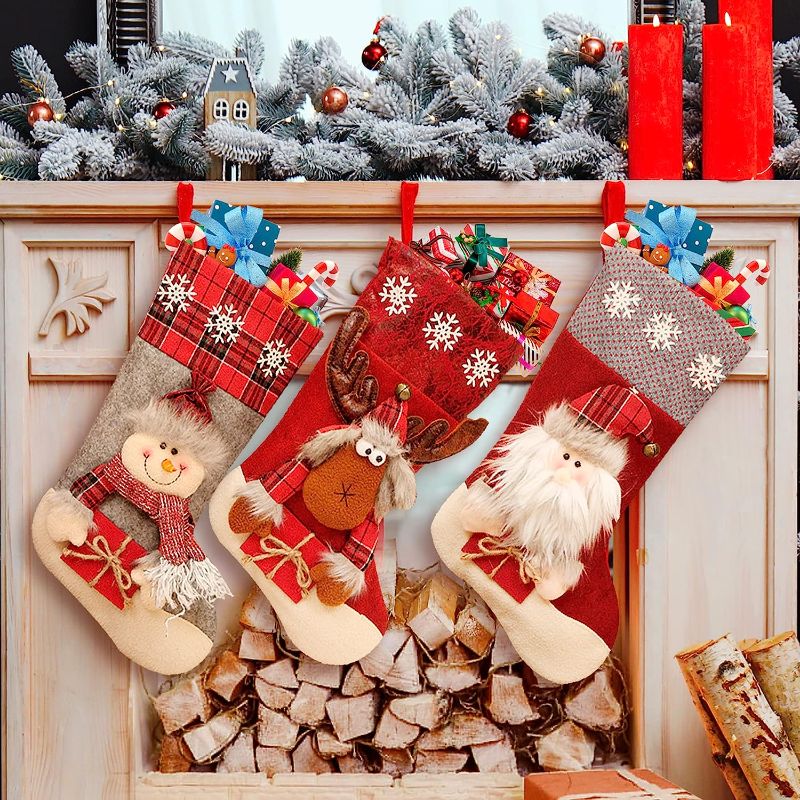 Photo 1 of 3pcs --HDO Large Christmas Stockings, 3 Pack 17" Christmas Stocking with 3D Santa Snowman Reindeer Dolls, Classic Red Xmas Ornament for Family and Kids, Fireplace Christmas Tree Decoration-------Factory sealed  
