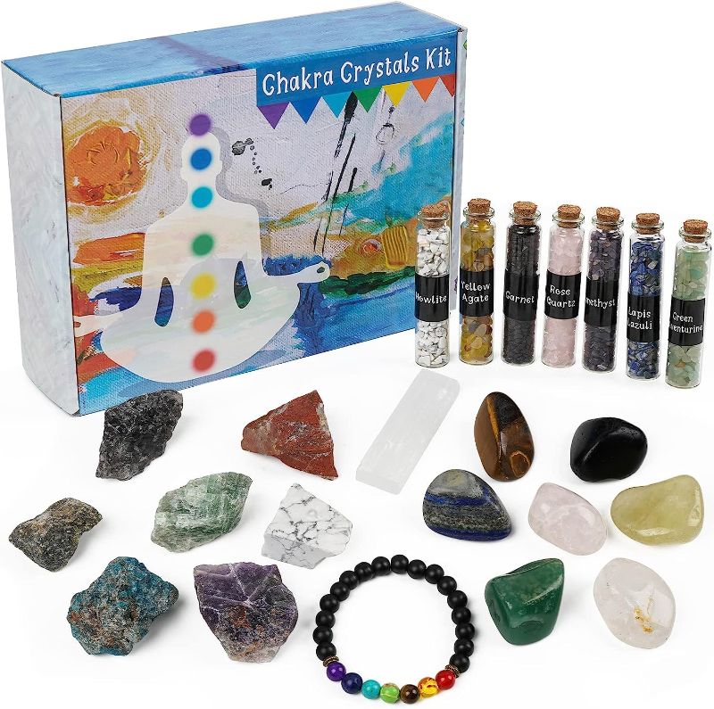 Photo 1 of 24 Pack Healing Crystals Set for Beginners - Chakra Balancing Stones Kit for Meditation Yoga Witchcraft - 14 Tumbled & Rough Stones, 7 Bottles Crystal...--------------Factory sealed 
