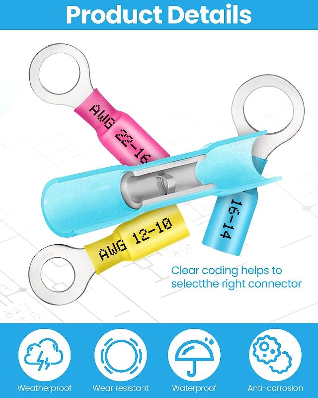 Photo 2 of 520 Pcs Marine Grade Heat Shrink Ring Connectors Heat Shrink Wire Connectors Electrical Connectors Kit 16-14 22-16 12-10 Insulated Crimp Terminals Set for Automotive Marine Boat Truck

