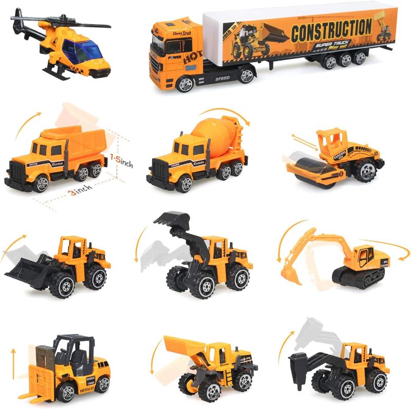 Photo 5 of zoordo Construction Truck Toys Sets,11 in 1 Mini Die-Cast Truck Vehicle Car Toy in Carrier Truck,Gifts for 3 + Years Old Kids Boys Girls
