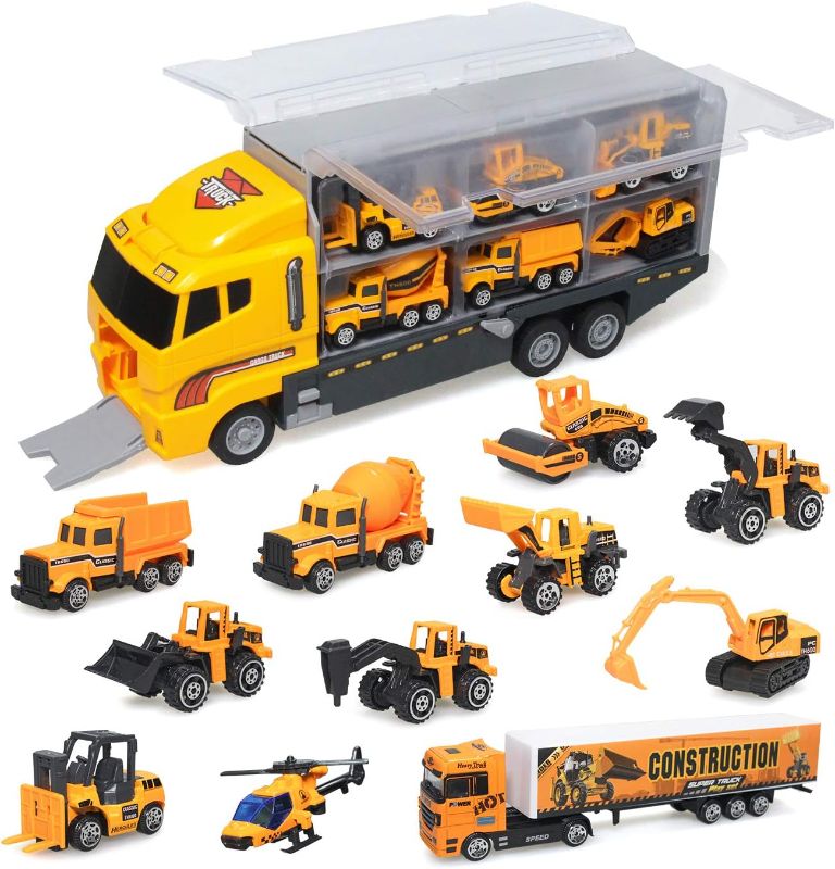 Photo 1 of zoordo Construction Truck Toys Sets,11 in 1 Mini Die-Cast Truck Vehicle Car Toy in Carrier Truck,Gifts for 3 + Years Old Kids Boys Girls
