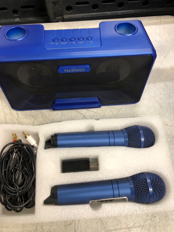 Photo 2 of MASINGO Karaoke Machine for Adults and Kids with 2 UHF Wireless Microphones, Portable Bluetooth Singing Speaker, Colorful LED Lights, PA System, Lyrics Display Holder & TV Cable - Presto G2 (BlUE, SEE LIVE PHOTO FOR REFERENCE)