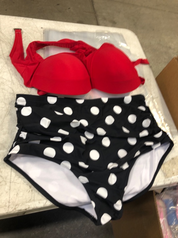 Photo 2 of Aixy Women Vintage Two Piece Swimsuits High Waisted Bathing Suits with Underwired Top Bikini Set Halter Red+polka Dot SIZE X-Large