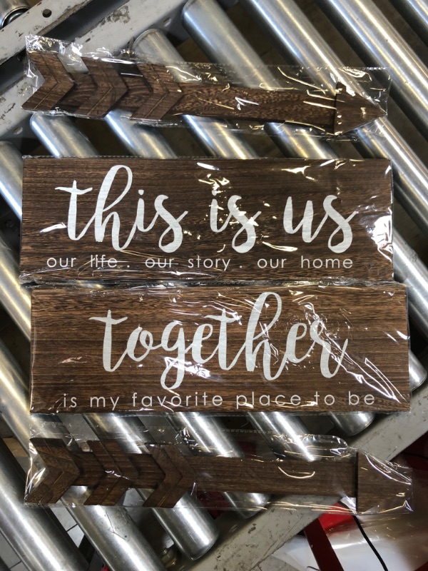 Photo 2 of 4 Pieces This Is Us Our Life Our Story Wood Signs Rustic Wood Together Signs Home Wooden Wall Decor Sign Wooden Arrow Hanging Signs Art for Farmhouse Entryway Living Room, 15 x 4 x 0.2 Inch (Brown)
