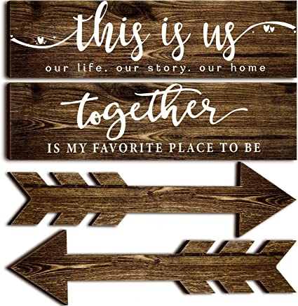 Photo 1 of 4 Pieces This Is Us Our Life Our Story Wood Signs Rustic Wood Together Signs Home Wooden Wall Decor Sign Wooden Arrow Hanging Signs Art for Farmhouse Entryway Living Room, 15 x 4 x 0.2 Inch (Brown)
