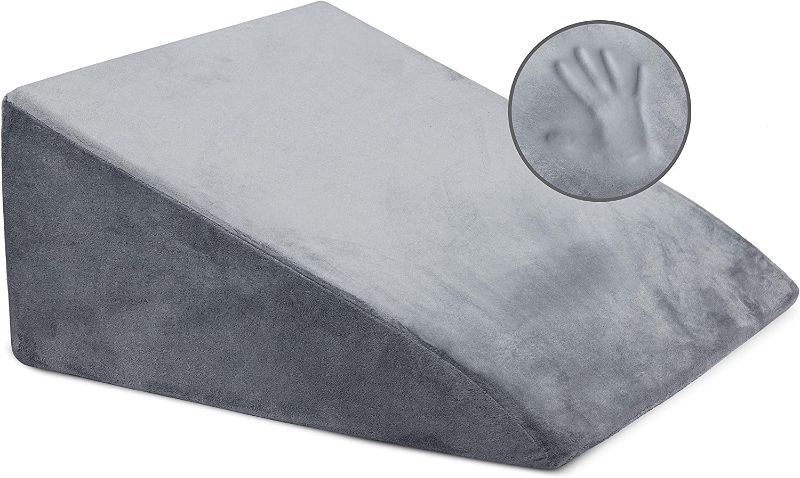 Photo 1 of  12 Inch Bed Wedge Pillow with Memory Foam Top -Helps with Acid Reflux and Gerds, Reduce Neck and Back Pain, Snoring, and Respiratory Problems- Washable Cover (Velour Grey)