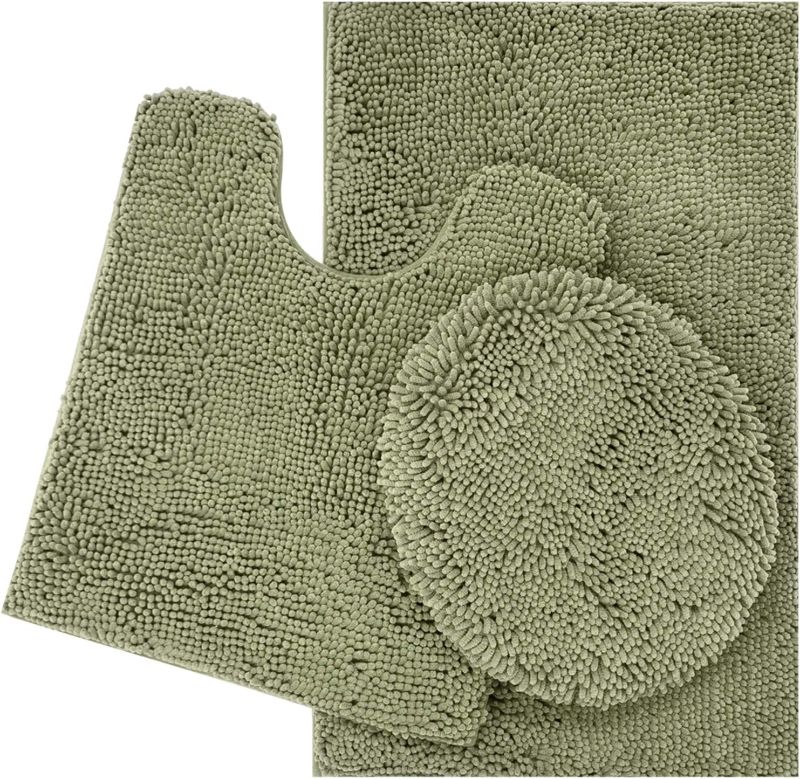 Photo 1 of  3pc Non-Slip Shaggy Chenille Bathroom Mat Set, Includes 24 x 21 Inches U-Shaped Contour Toilet Rug, 34 x 21 Inches Bathmat and 1 Toilet Lid Cover, Sage Green