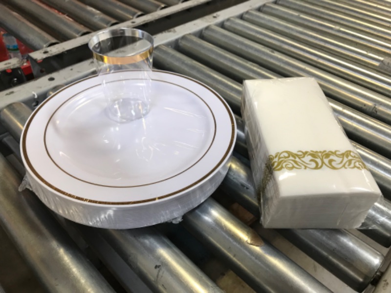 Photo 1 of 350 Piece Gold Dinnerware Set 50 Guest-100 Gold Lace Plastic Plates-50 Gold Plastic Silverware-50 Gold Plastic Cups-50 Linen Like Gold Paper Napkins, FOCUSLINE Disposable Dinnerware Set
