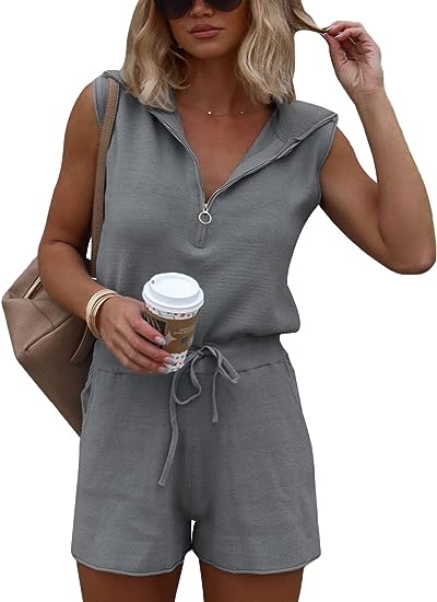 Photo 1 of FACDIBY Women's Short Rompers Sleeveless One Piece Jumpsuits Half Zip V Neck Elastic Waist Knit Romper with Pockets  MEDIUM