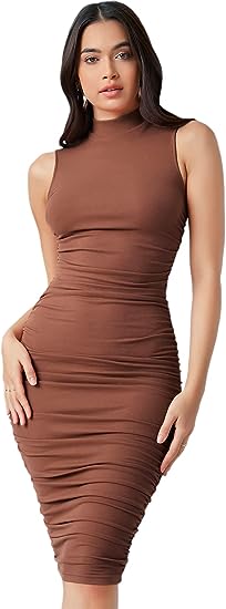 Photo 1 of Floerns Women's Solid Sleeveless Mock Neck Knee Length Ruched Bodycon Dress SIZE XL