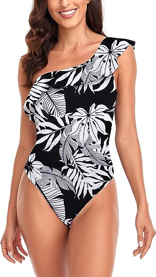 Photo 1 of Beautikini Sexy One Shoulder Tummy Control Swimsuits One Piece Bathing Suits for Women Ruffle Monokinis Swimwear