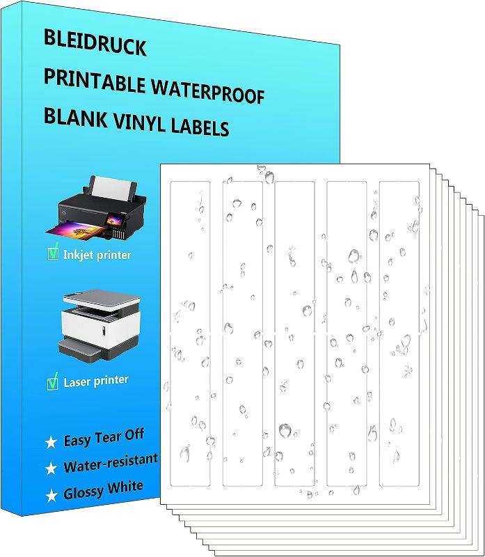 Photo 1 of 100 Pcs Water Bottle Labels Glossy White Waterproof Stickers,1.25"×9.75" Printable Blank Wraparound Rectangle Labels for Inkjet/Laser Printer