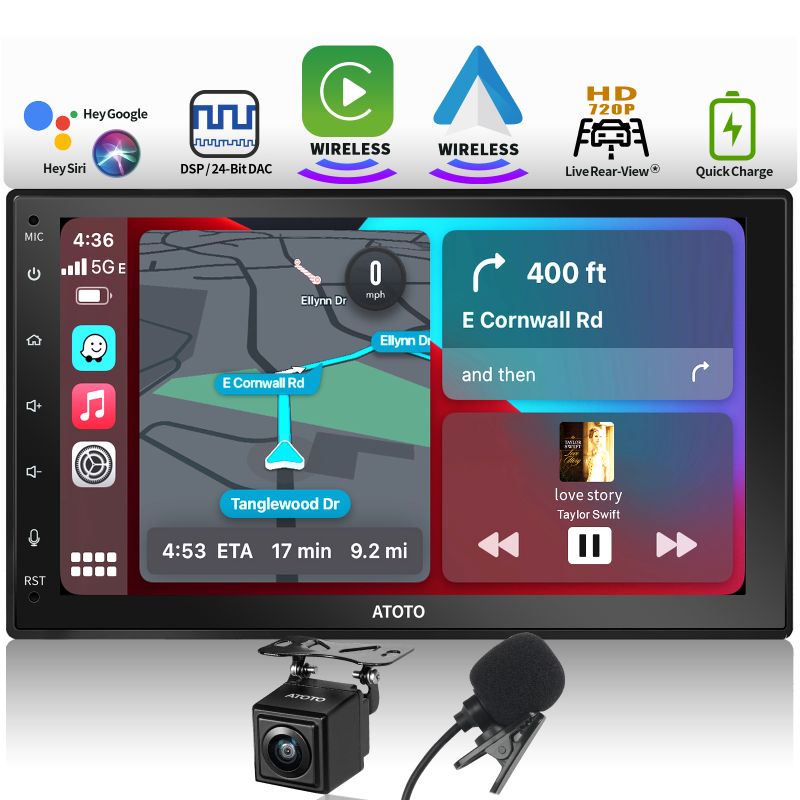 Photo 1 of ATOTO 7inch Full Touchscreen in-Dash Navigation, Double DIN Radio with Wireless CarPlay, Wireless Android Auto, Bluetooth, Mirror Link, HD LRV with Backup Camera, Mic, Quick Charge, F7G2B7WES01