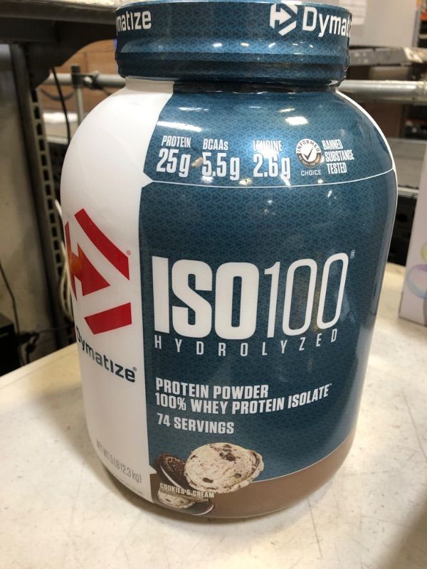 Photo 2 of Dymatize ISO100 Hydrolyzed Protein Powder, 100% Whey Isolate Protein, 25g of Protein, 5.5g BCAAs, Gluten Free, Fast Absorbing, Easy Digesting, Cookies and Cream, 5 Pound Cookies & Cream  BB 5/2025