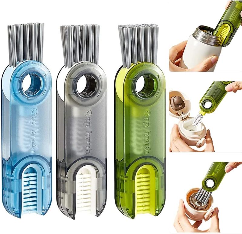 Photo 1 of 3 in 1 Multifunctional Cleaning Brush, Tiny Bottle Cup Lid Detail Brush Straw Cleaner Tools, Cup Lid Crevice Cleaning Brush, Water Bottle Cleaning Brush for Deep Detail Cleaning (3 Color Set)