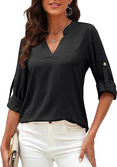 Photo 1 of Amoretu Women's 3/4 Cuffed Sleeve Blouses V Neck Tunic Tops Shirt for Work MEDIUM