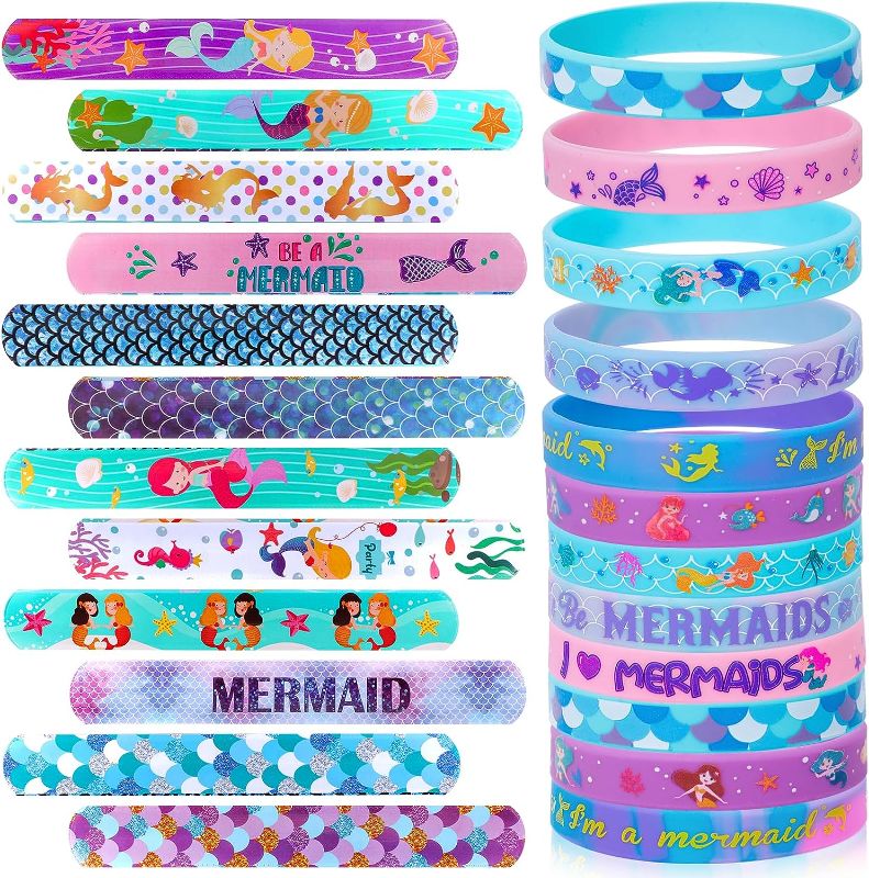 Photo 1 of  Mermaid Party Favors Supplies, 48 Pcs Mermaid Slap Bracelets Bulk & Rubber Wristbands for Kids Girls Goodie Bags Stuffers Classroom Prize, Mermaid Toys Gifts For Girls DESIGN MAY VARY