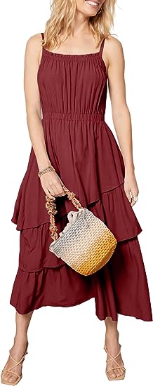 Photo 1 of BZB Womens Spaghetti Strap Square Neck Dress Elegant Tiered Ruffle Flowy Sleeveless Midi Beach Dresses Sun Dress MEDIUM