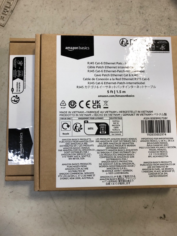 Photo 2 of Amazon Basics RJ45 Cat-6 Gigabit Ethernet Patch Internet Cable - 5 Foot 5 Feet 1-Pack Cable  2 PCS