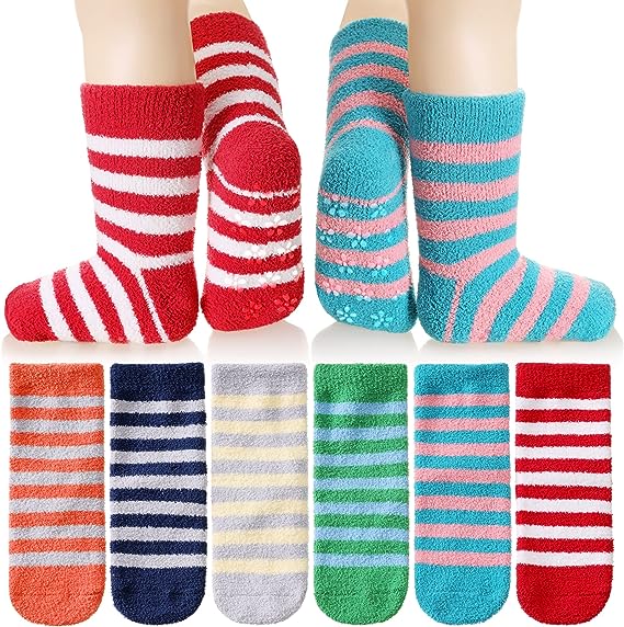 Photo 1 of Baby Grips Fuzzy Winter Slipper Socks Warm Cozy Soft Non Slip Fleece Plush Toddler Boy Girls Thick Socks 6 Pairs  6 TO 2 MONTHS