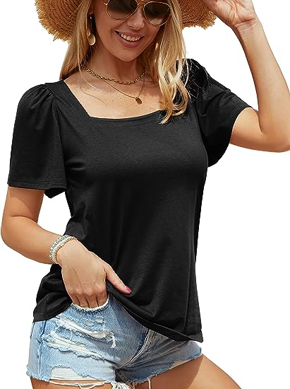 Photo 1 of Beluring Womens Summer Tops Casual Puff Short Sleeve T Shirts Square Neck Basic Solid Blouses2XL