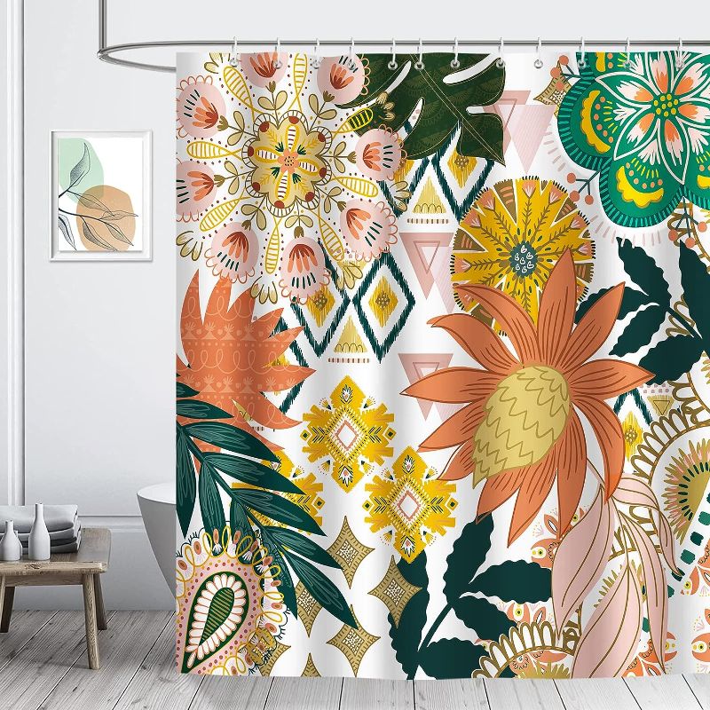 Photo 1 of  Boho Floral Shower Curtain 72 x 72 Inch Flower Tropical Leaves Decorative Bath Curtain Polyester Fabric Waterproof Bathroom Curtain with 12 Hooks  DESIGN MAY VARY