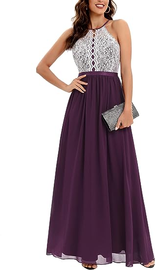 Photo 1 of Dressystar Women Halter Formal Dress Floral Lace Chiffon Long Bridesmaid Evening Party Dresses SMALL