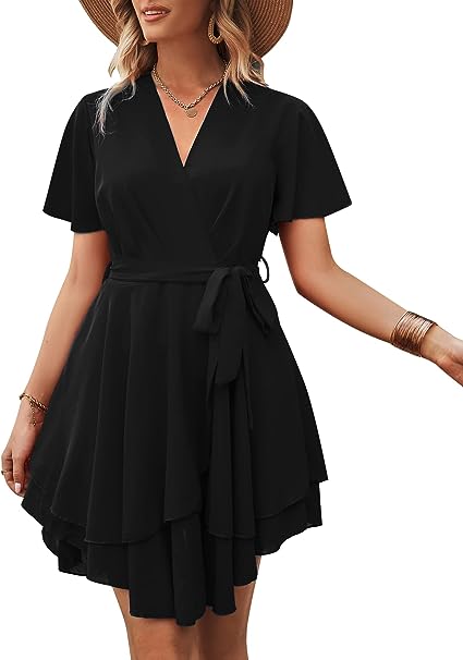 Photo 1 of Bequemer Laden Women’s Summer Casual Short Sleeve Deep Warp V Neck Mini Dress Tie Belted Waist Ruffle Swing Skater Dresses  XL