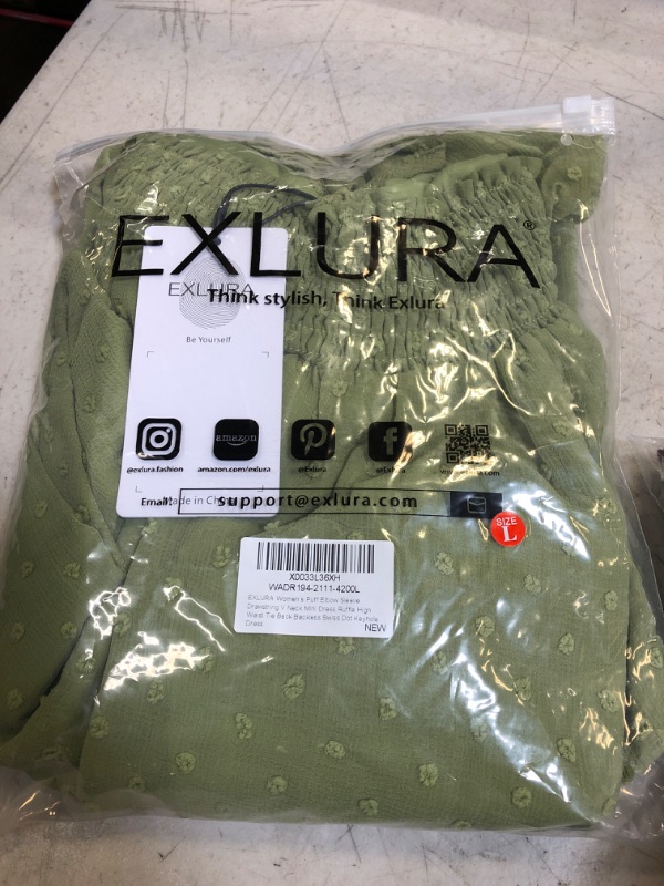 Photo 1 of EXLURA Women's Tie Back Swiss Dot Square Neck Ruched Long Lantern Sleeve Ruffle Mini Dress Olive Green Large