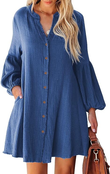 Photo 1 of Button Down Shirt Dress Long Sleeve Beach Cover Ups Casual Mini Dresses with Pockets  MEDIUM