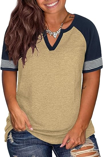 Photo 1 of DOLNINE Womens Plus-Size Tops Raglan V Neck T Shirts Striped Short Sleeve Tunics 14W
