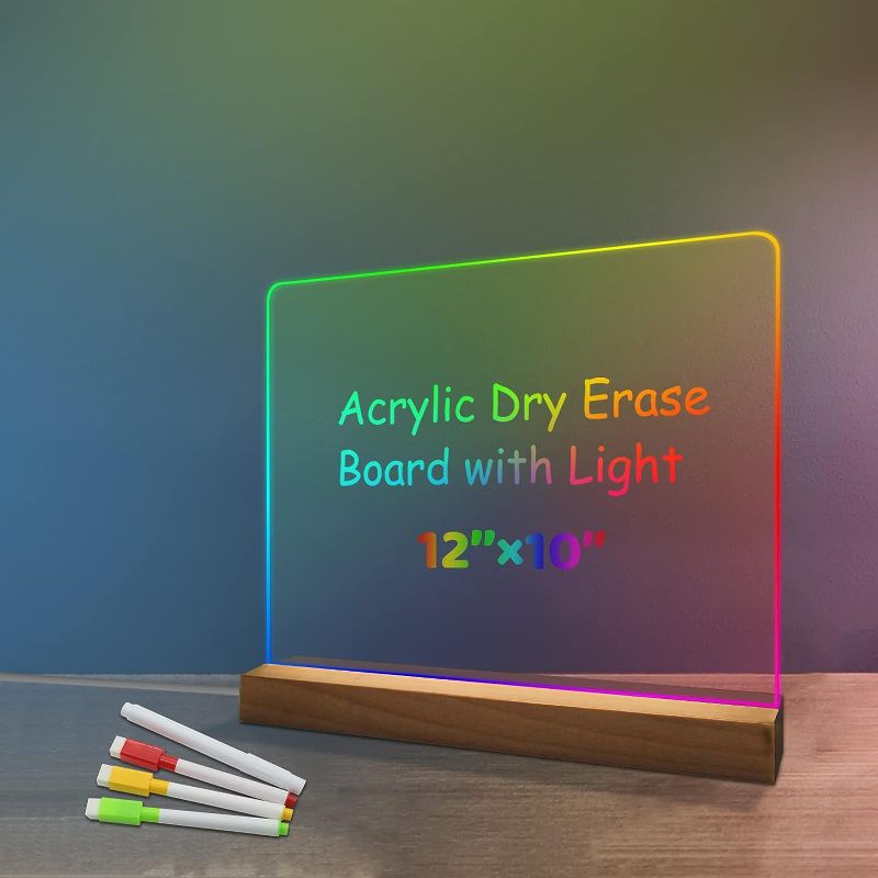 Photo 1 of  Acrylic Dry Erase Board with Light, 11.8 x 9.8" Acrylic Whiteboard with Stand for Desk, Acrylic Memo Tablet with 4 Markers for Office Home School, Color Changeing with 8 Lighting Modes   STYLE MAY VARY