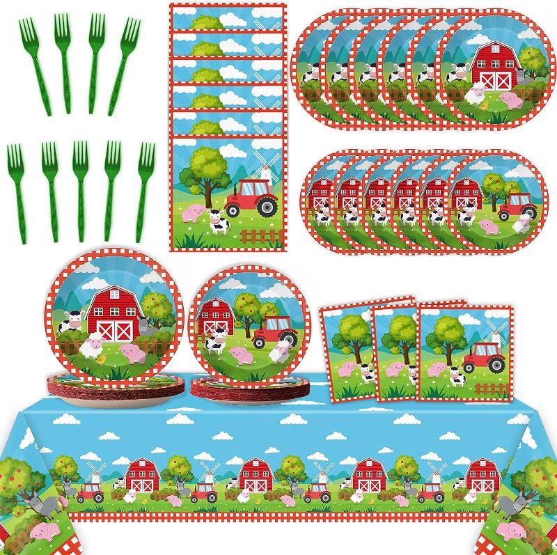 Photo 1 of 98 Pieces Farm Birthday Party Supplies Set Farm Animals Tableware Set Plates Napkins Tablecloth Barnyard Animals Party Decorations Kit for Kids Farm House Table Cover Dinnerware Party Favors 24 Guests