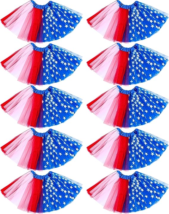 Photo 1 of 10 Pcs Baby Girls Red White Blue Tutu 4th of July Skirt Independence Day Patriotic Princess Layered Ballet Tulle Tutu American Flag Skirt for Kids Toddler Costume for Running Dance Party