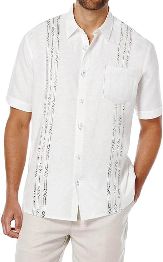 Photo 1 of  Men's Short Sleeve Linen Shirt Cuban Beach Tops Pocket Guayabera Shirts LARGE