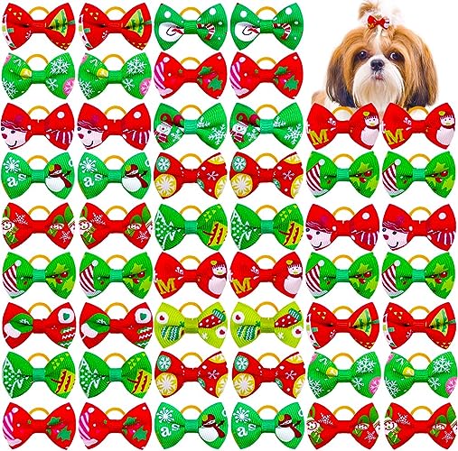 Photo 1 of 100pcs/50pairs pack Christmas Dog Hair Bows With Rubber Bands Dog Bows Puppy Pet Hair Accessories Dog Bows Topknot