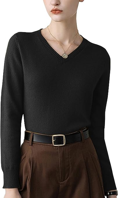Photo 1 of ALTAIREGA Big-Girls-V-Neck Pullover-Sweater Lightweight-Slim-Fit Silk-Cotton-Shirts - Knit Casual Long Sleeve Black XXL