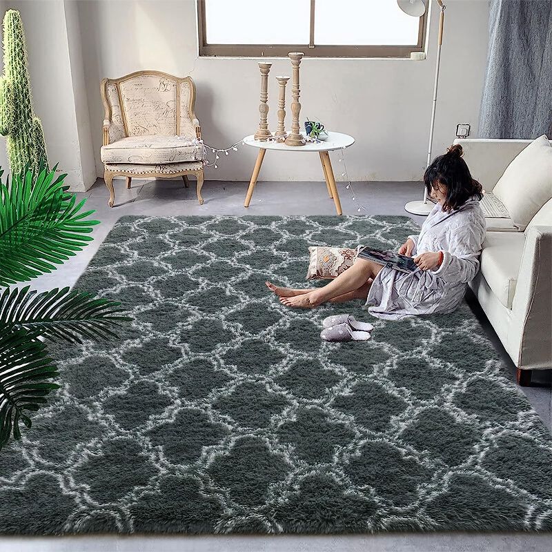 Photo 1 of  Shag Area Rugs Modern Indoor Plush Fluffy Carpets, 3x5 Feet Super Soft Geometric Moroccan Rugs for Bedroom, Living Room, Girls, Kids, Nursery, Home Room Decor, Dark Grey/White