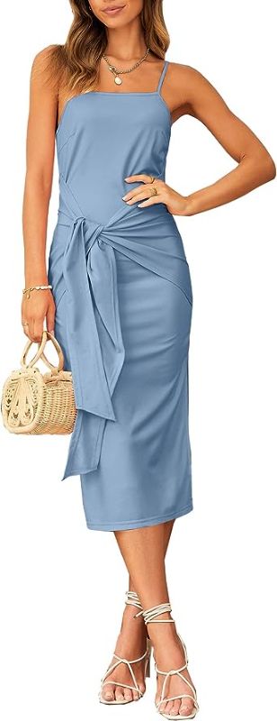 Photo 1 of BTFBM Women's Summer Spaghetti Strap Cocktail Dress Sleeveless Tie Waist Bodycon Split Party Club Beach Midi Sun Dresses