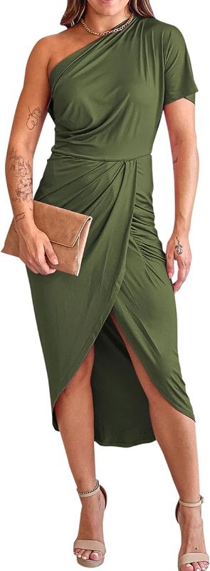 Photo 1 of BTFBM Women One Shoulder Short Sleeve Ruched Casual Dresses Asymmetrical Wrap Front Split Cocktail Party Summer Midi Dress XL