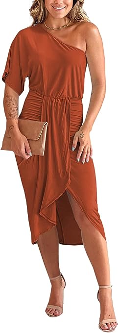 Photo 1 of 
PRETTYGARDEN Women's One Shoulder Ruched Bodycon Dress Short Sleeve Wrap Slit Hem Cocktail Party Midi Dresses LARGE BRICK RED