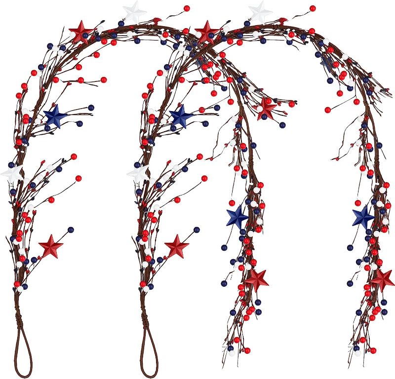 Photo 1 of 2 Pack 6 ft Berry Garland Patriotic Artificial Berry Wreath Americana White Blue Red Stars Berry Garland Home Decorations Outdoor Wreath for Tree Home Table Window Stair