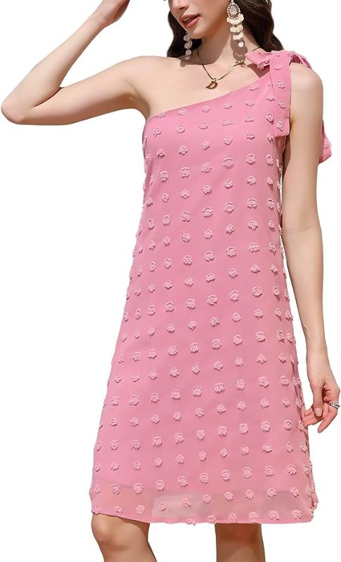 Photo 1 of KOJOOIN Women's Summer One Shoulder Babydoll Mini Dress Sleeveless Tie Knot Short Shift Dress for Club Party Cocktail Beach MEDIUM