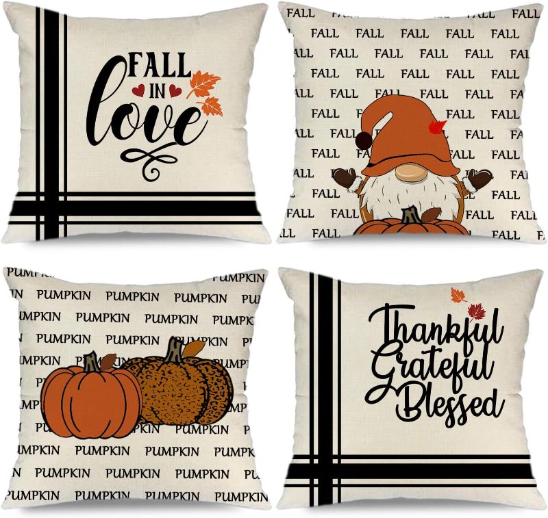 Photo 1 of  Fall Pillow Covers 20x20 Set of 4 Fall in Love Pumpkins Gnome Thankful Grateful Blessed Decorative Pillow Covers for Outdoor Cushion Case for Sofa Couch