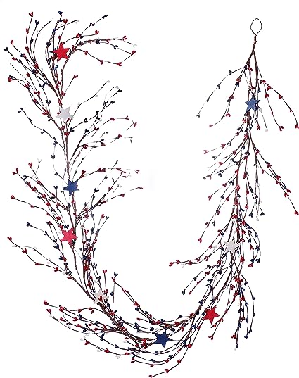 Photo 1 of Yawwind 4th of July Independence Day Ring Garland 5ft Long with Red White and Blue Berry Metal Pentagram Embellished Branches Patriotic Ornament Memorial Day Flag Day for Wall Door Decor
