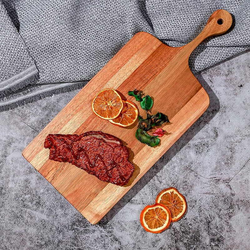 Photo 1 of Wood Cutting Board, Acacia Cheese Serving Board Charcuterie Display Boards, Kitchen Small Chopping Block, Wooden Cheese Platter Grazing Tray with Handle for Meat, Bread, Vegetables & Fruits